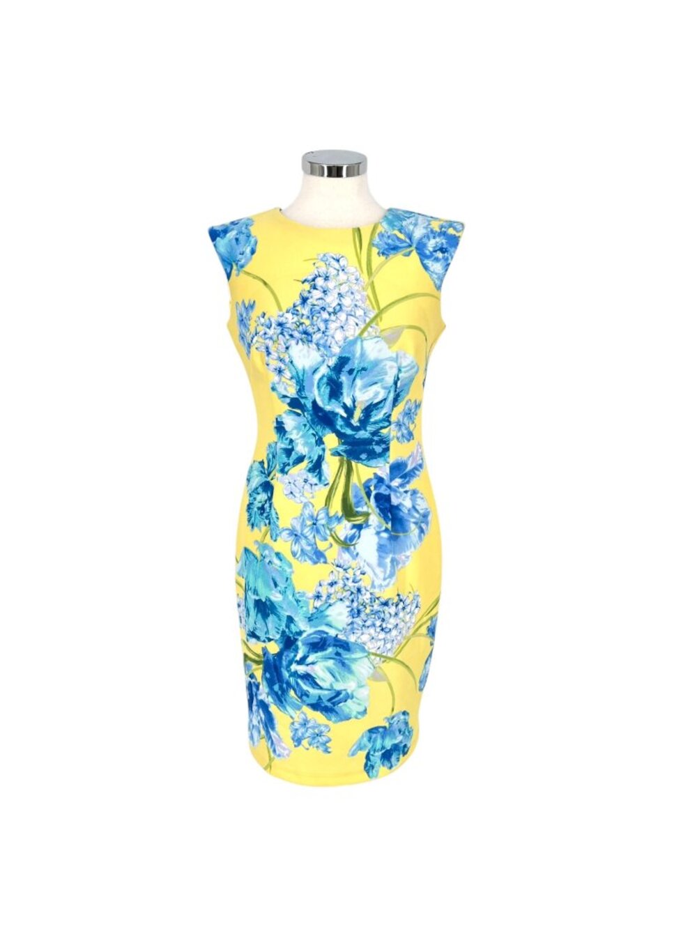 Karin Stevens Garden Party Modest Yellow Blue Floral Sheath Dress Size 6 NWT